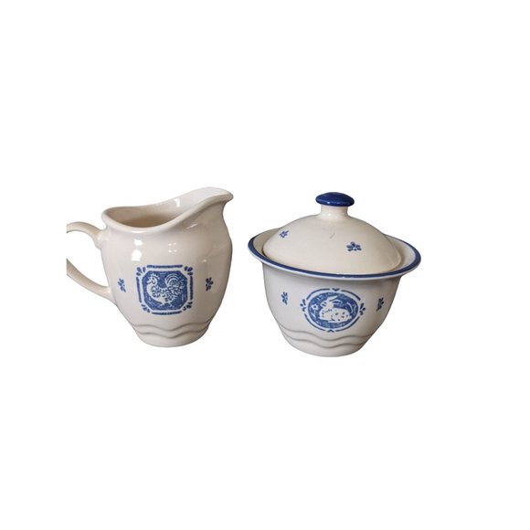 Maison Blue by PFALTZGRAFF cream and covered sugar bowl set blue white Rooster - Picture 7 of 11